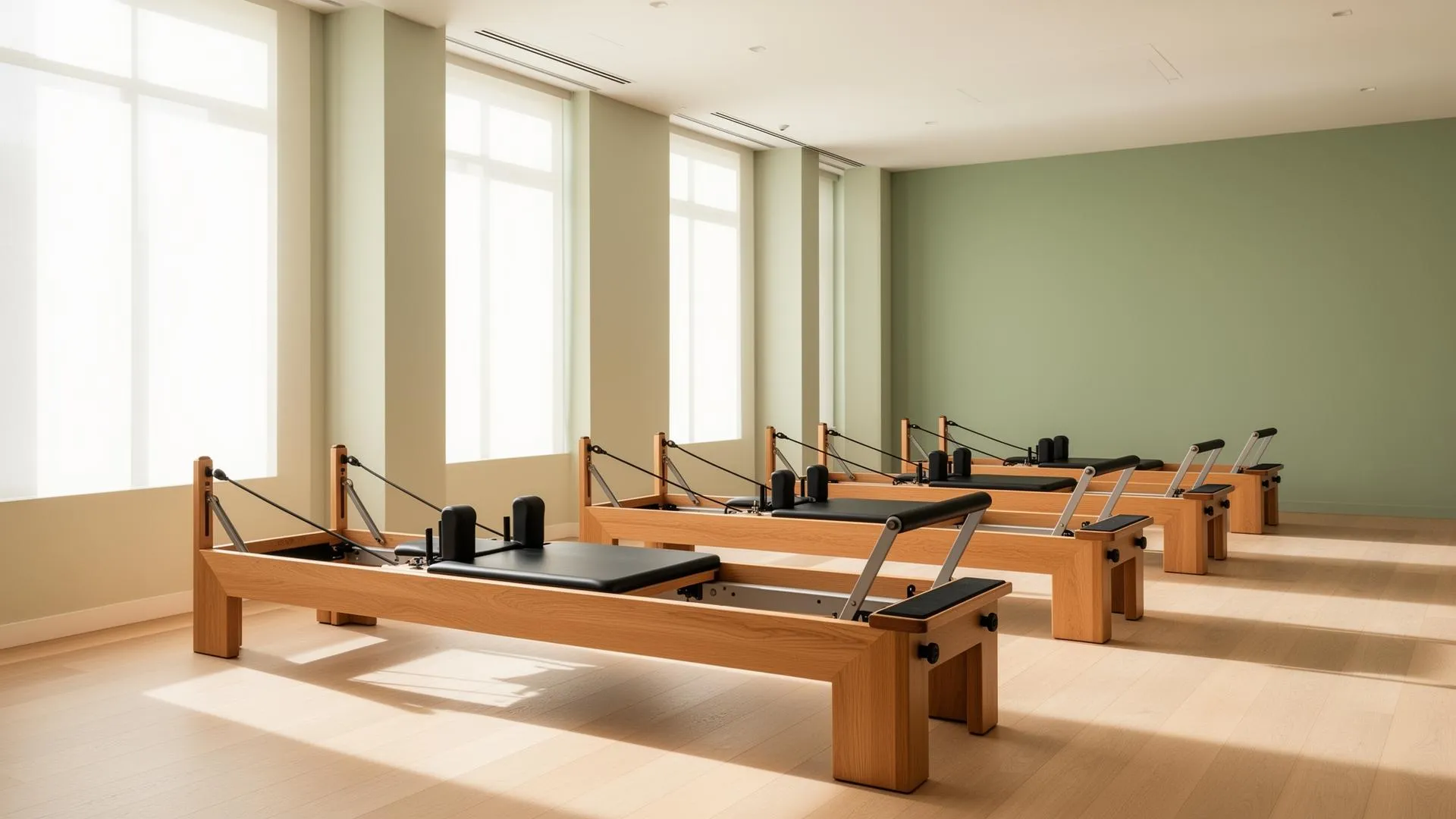 Modernes Reformer Pilates Studio mit Holz-Reformern und natürlichem Licht